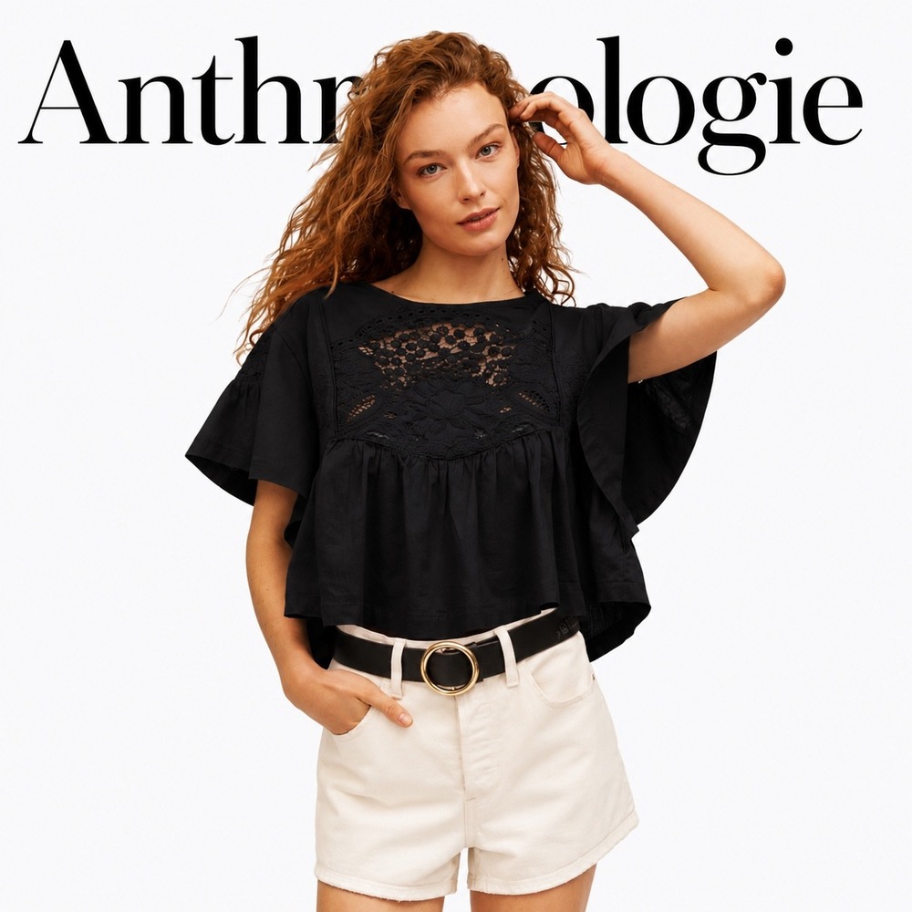 Anthropologie Maeve Black Lace Embroidered Flutter Sleeve Babydoll Top
